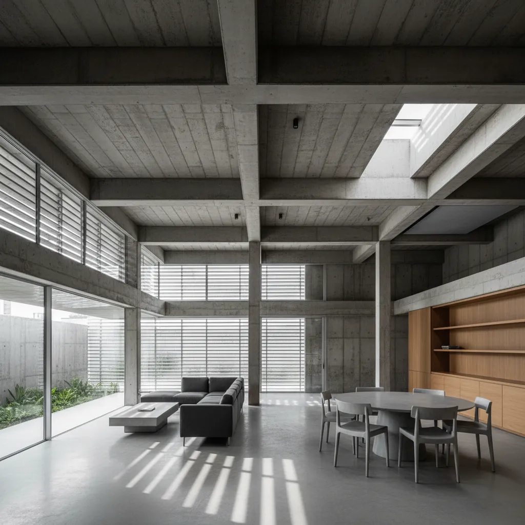 Exposed concrete beams and columns shaping an open-plan interior with filtered daylight and clear circulation.