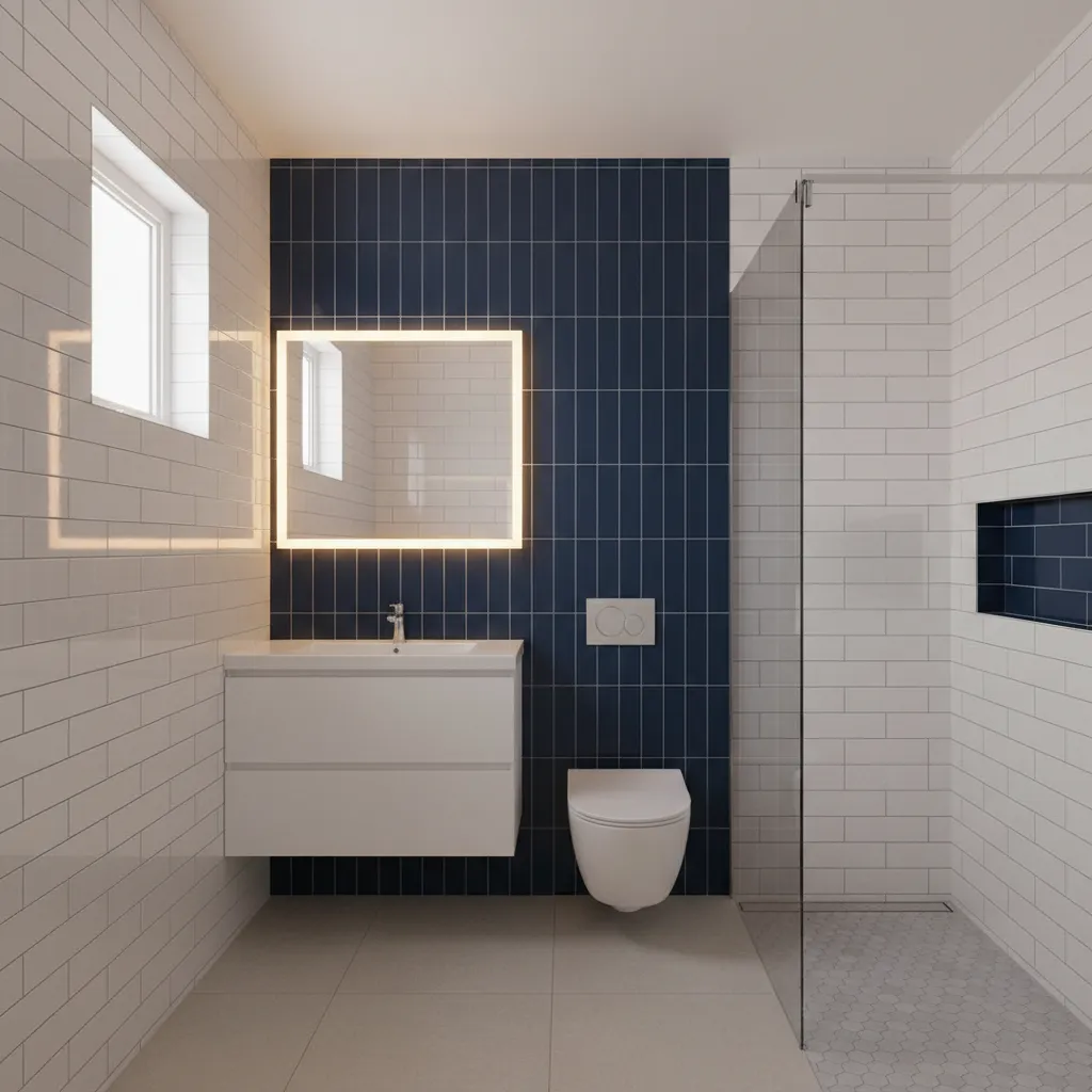 Small modern bathroom with a navy feature wall and glossy white subway tiles creating a clear, bright contrast