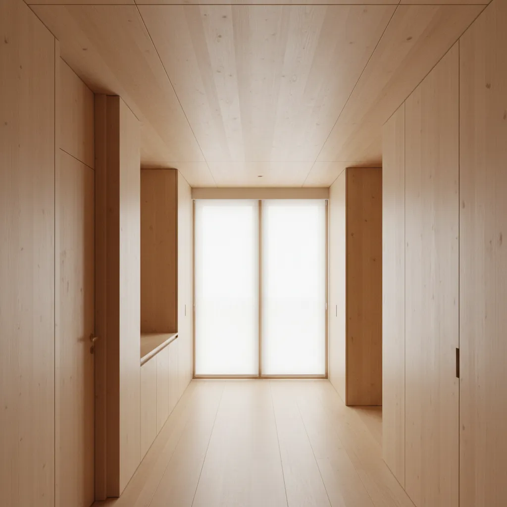 Daylit interior with matte birch surfaces, high windows with visors, and even, glare-free light.