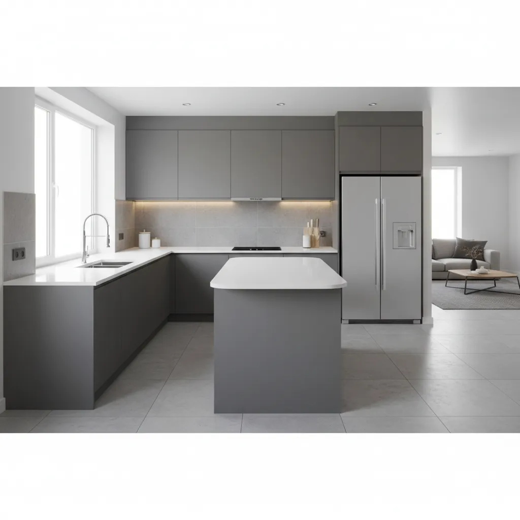 Integral kitchen with L layout and island, clear 90–100 cm circulation and a coherent sink-cooktop-refrigerator triangle