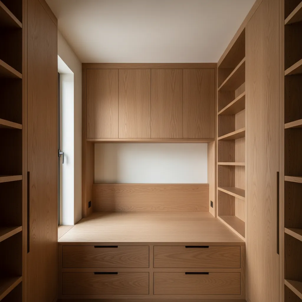 Small bedroom with elevated bed and hovering perimeter cabinetry creating clear circulation
