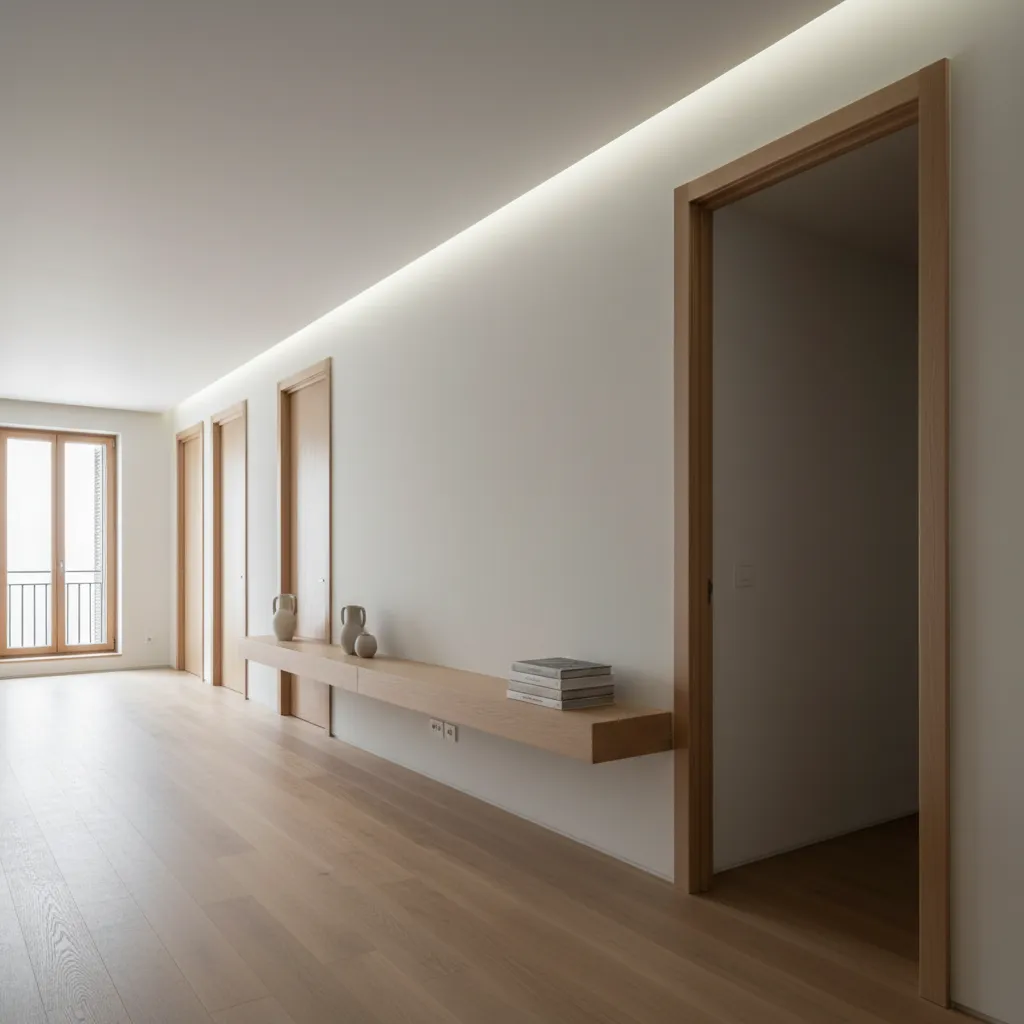 Living space with aligned openings, indirect ceiling light, and calm voids creating clear circulation and proportion