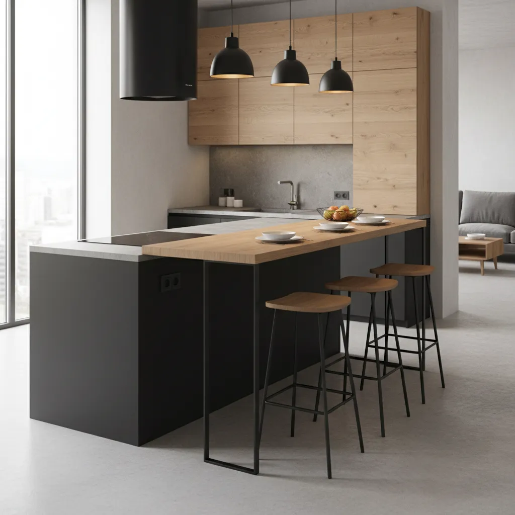 Modern kitchen island with breakfast bar and three wooden stools under three black ceiling lights
