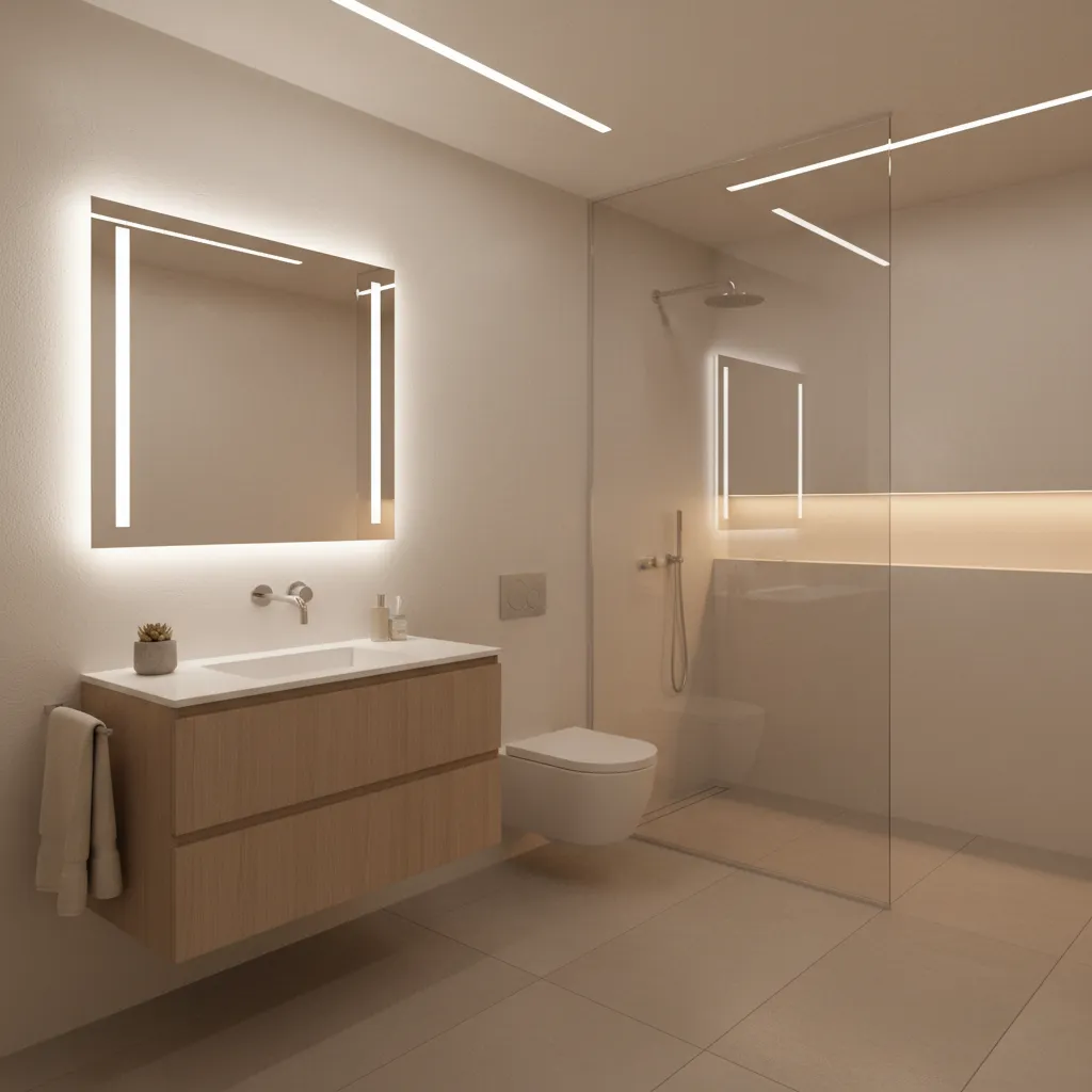 Modern bathroom with wood cabinet lighted mirror white toilet glass shower door and neutral wall tiles
