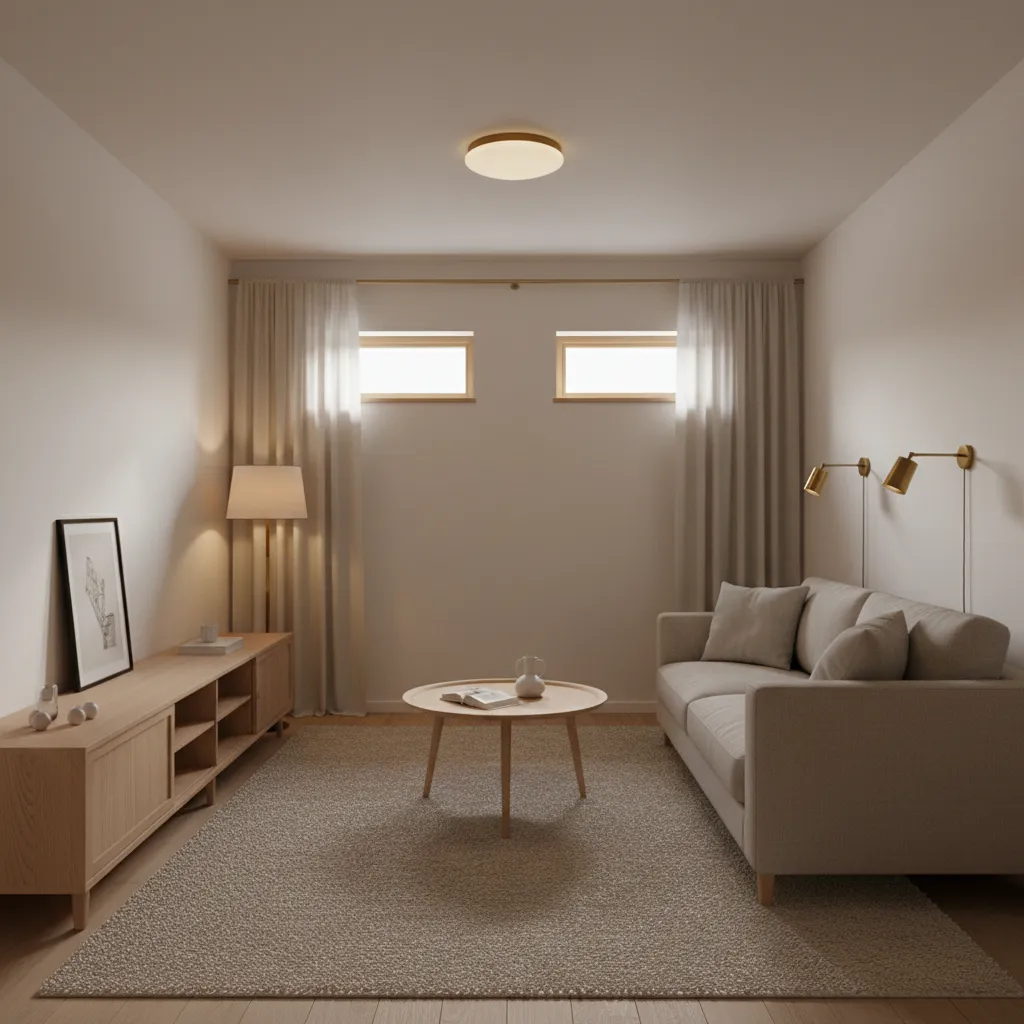 Warm off-white Scandinavian living room with light oak, layered opal lighting, and textiles adding subtle texture