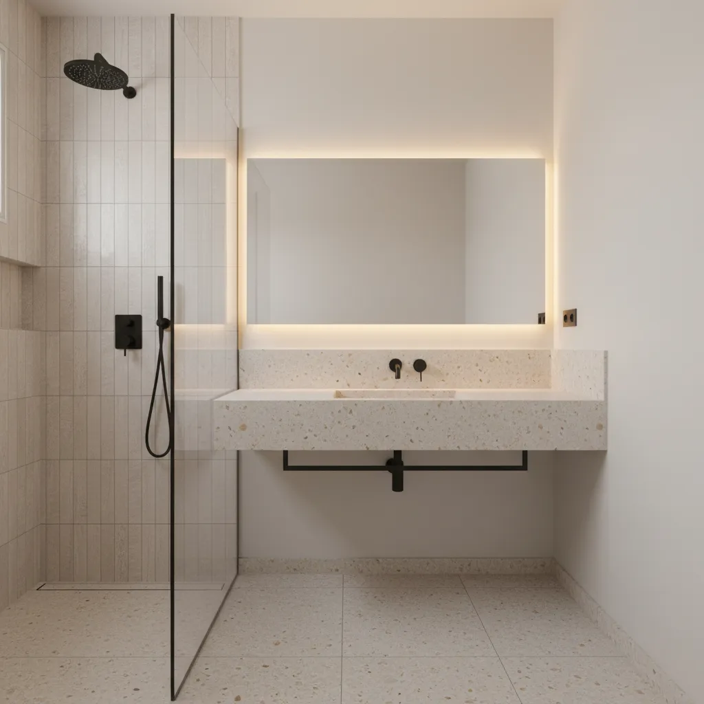 Off-white bathroom with light stone and warm LED accent creating a clean yet human atmosphere