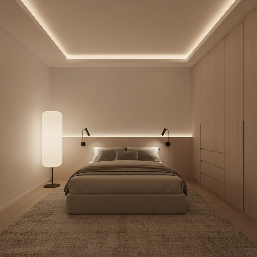 Windowless bedroom with layered warm lighting—indirect cove glow, opal floor lamp, and focused reading sconces—creating clear depth and gentle atmosphere.