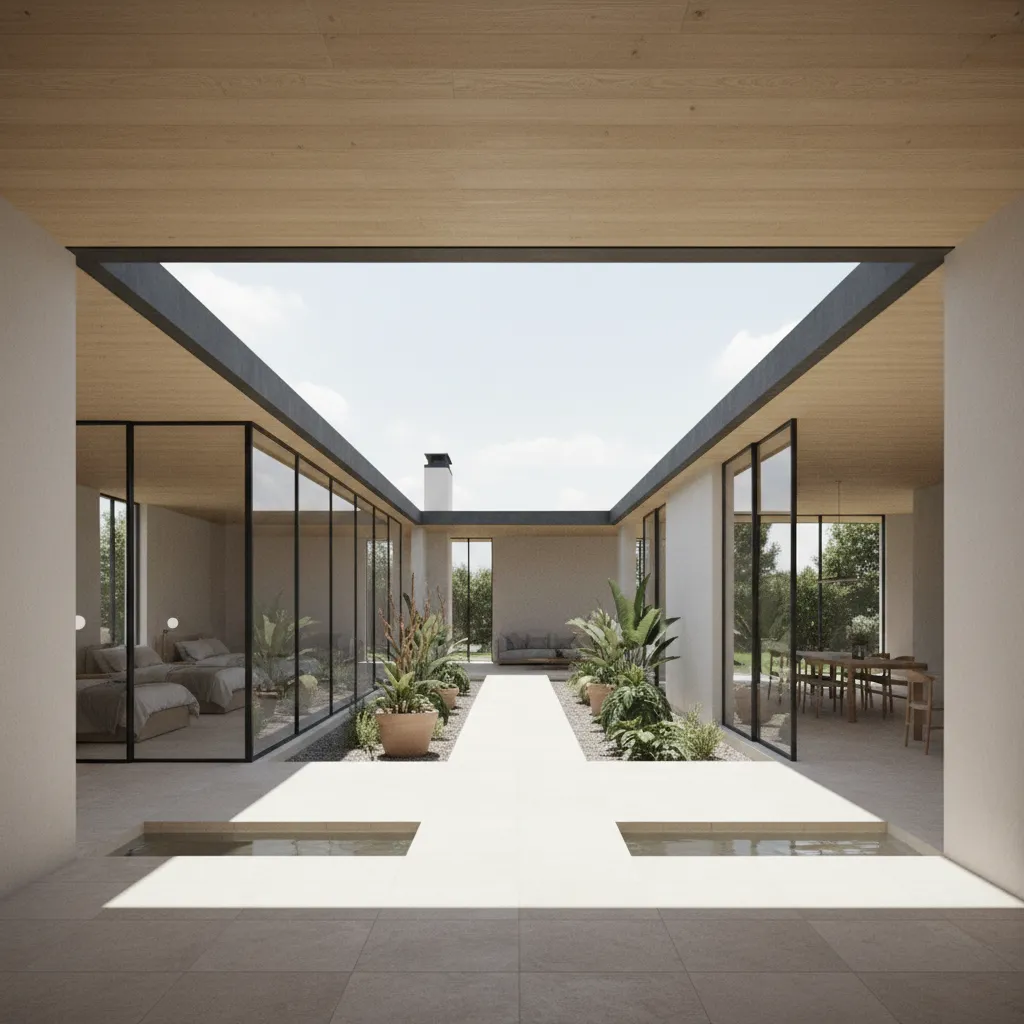 L-shaped layout with central patio and a quiet bedroom wing framed by shaded eaves and soft daylight