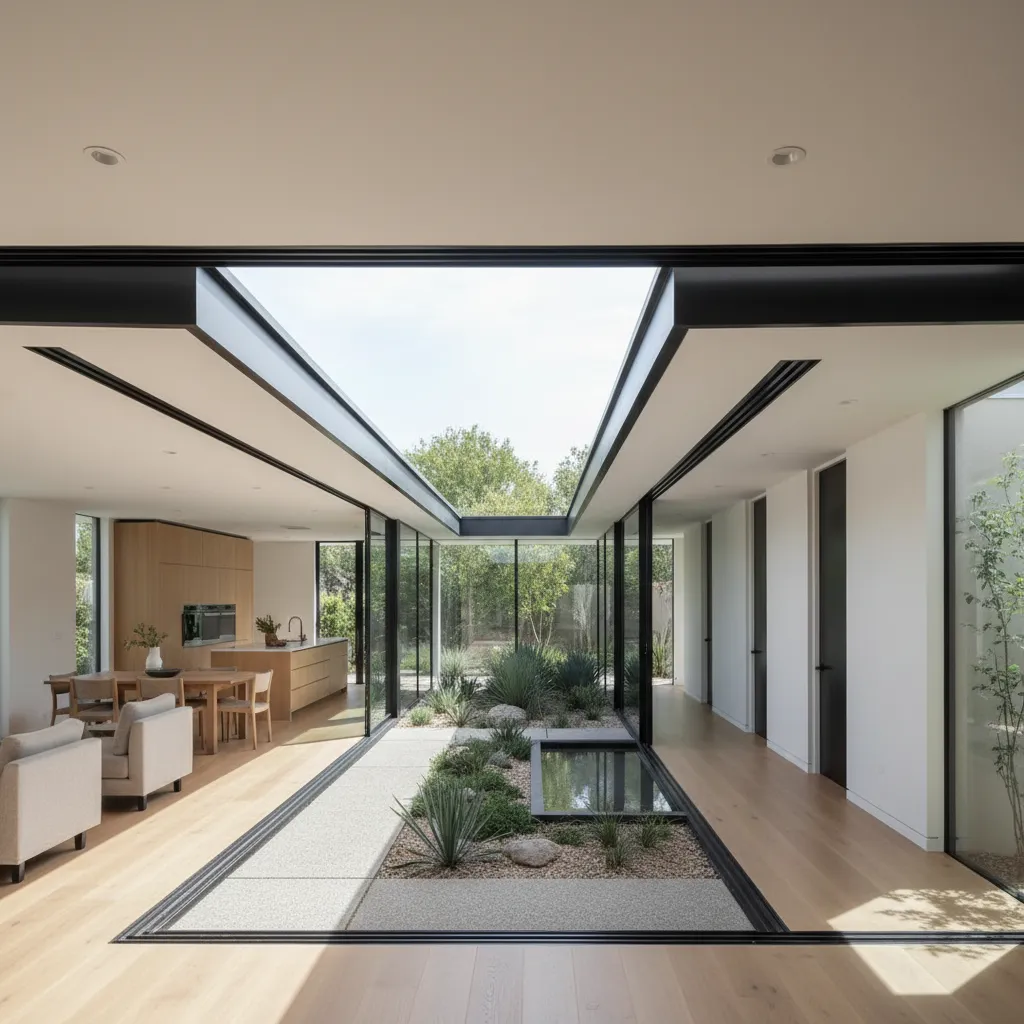 L-shaped interior framing a courtyard with the social area open to the patio and a quiet bedroom corridor along the perpendicular wing.