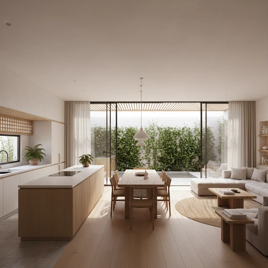 Modern open plan living area with wooden table kitchen island white sofa and garden view