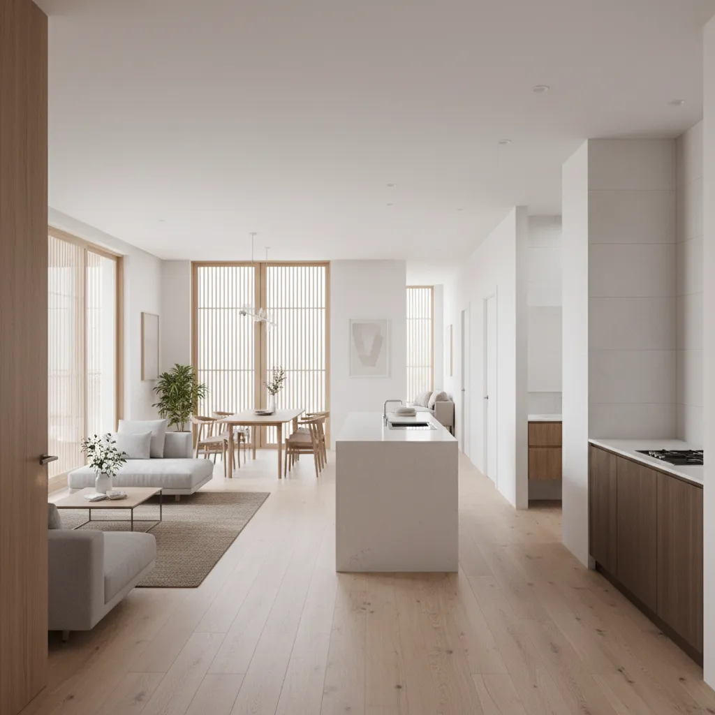 Front day zone with open living-dining-kitchen and a short circulation axis leading to rear bedrooms