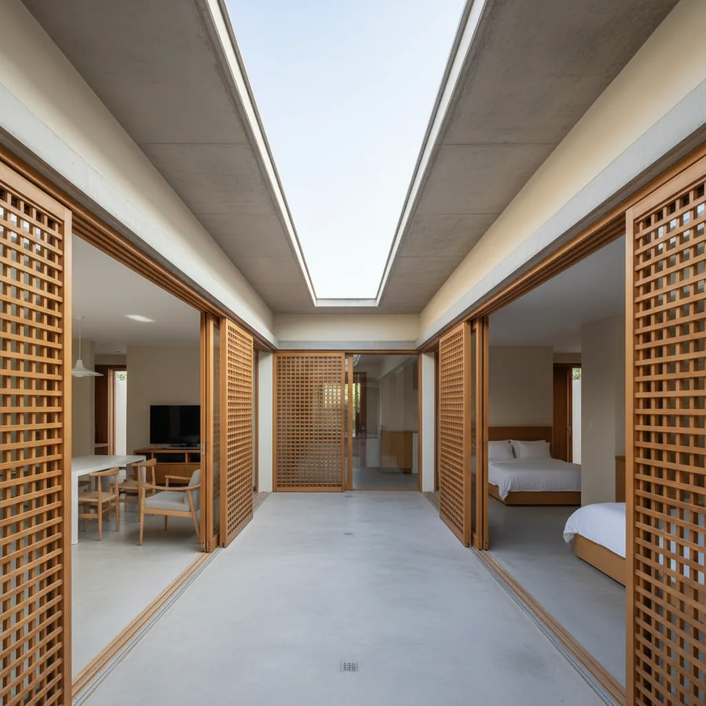 Central hallway with concrete floor wooden sliding doors skylight view into dining room and bedroom