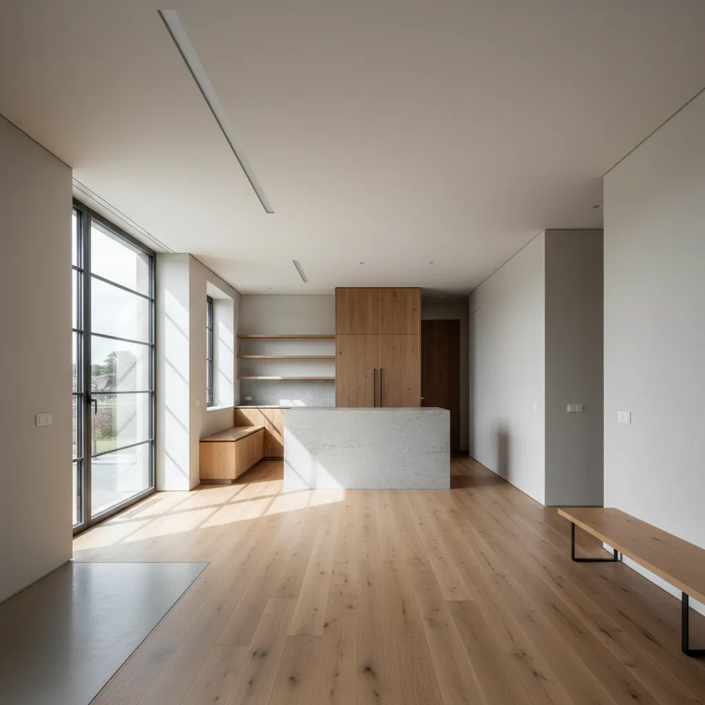 Elongated living interior with a longitudinal circulation axis and a diagonal light path defining proportions and zoning