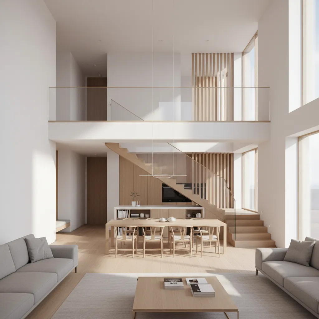 Minimalist living room with grey sofas wooden dining table stairs and a white second floor