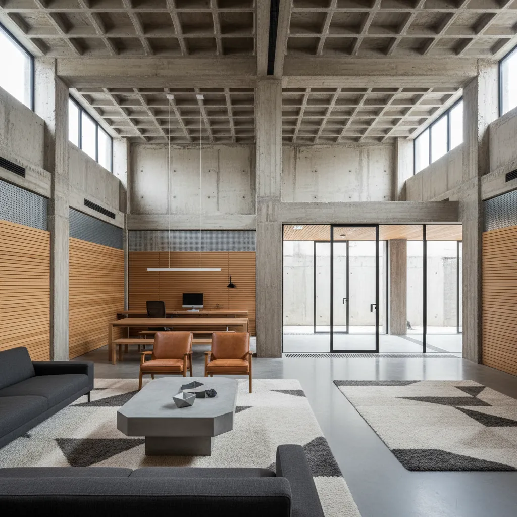Brutalist home interior with preserved concrete, upgraded glazing, acoustic wood panels, and a central patio for daylight and ventilation.