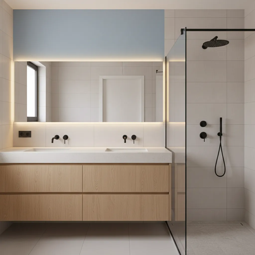 Modern bathroom with pastel blue wall, light stone countertop, and floating oak vanity creating a warm balance