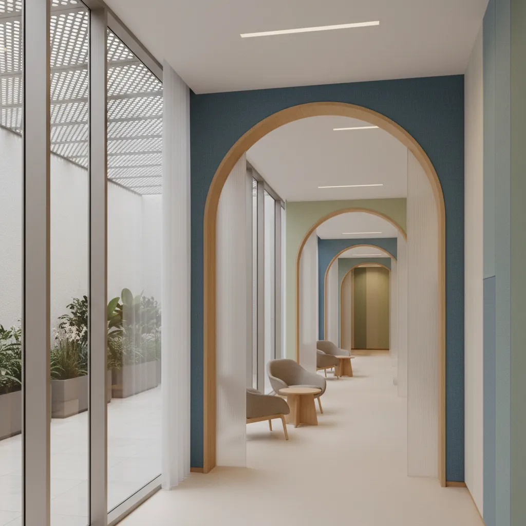 Quiet corridor with layered openings, a north-lit waiting zone, and a small patio providing soft daylight and ventilation.
