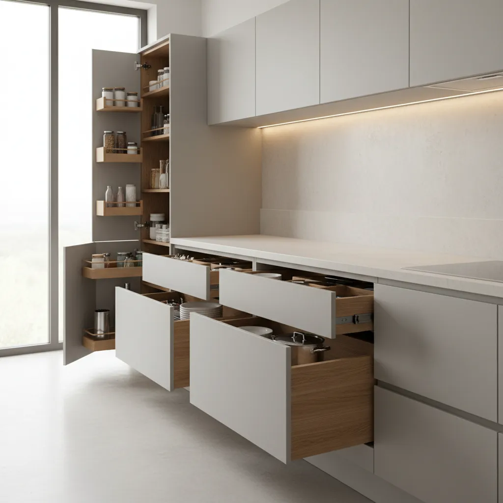 Integral kitchen highlighting deep drawers, a slim pull-out pantry, and organized modular storage under soft daylight