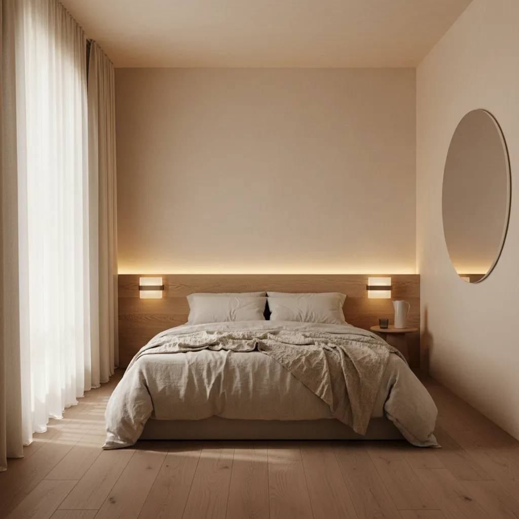 Compact bedroom with layered lighting, matte warm palette, limewash texture, and controlled reflections