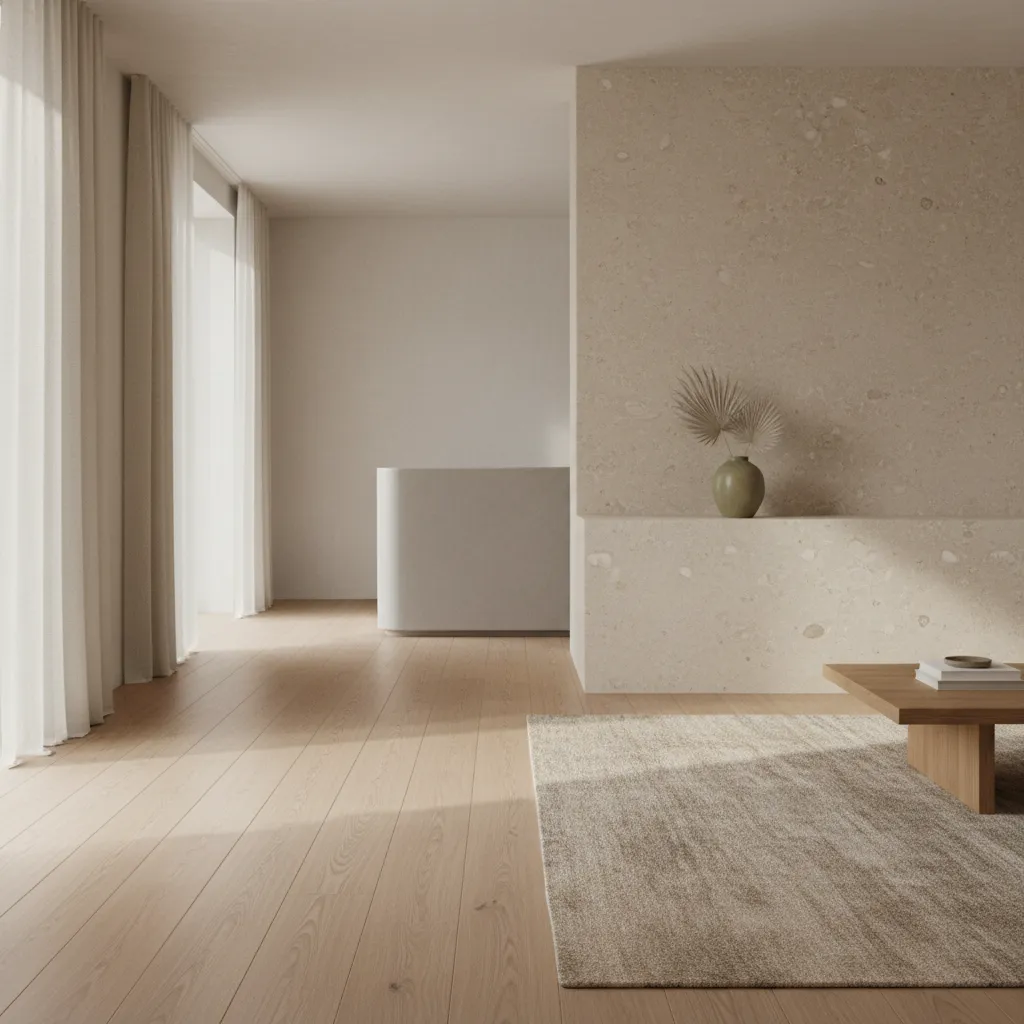 Contemporary interior with oak, honed stone, microcement, and layered natural textiles under soft daylight
