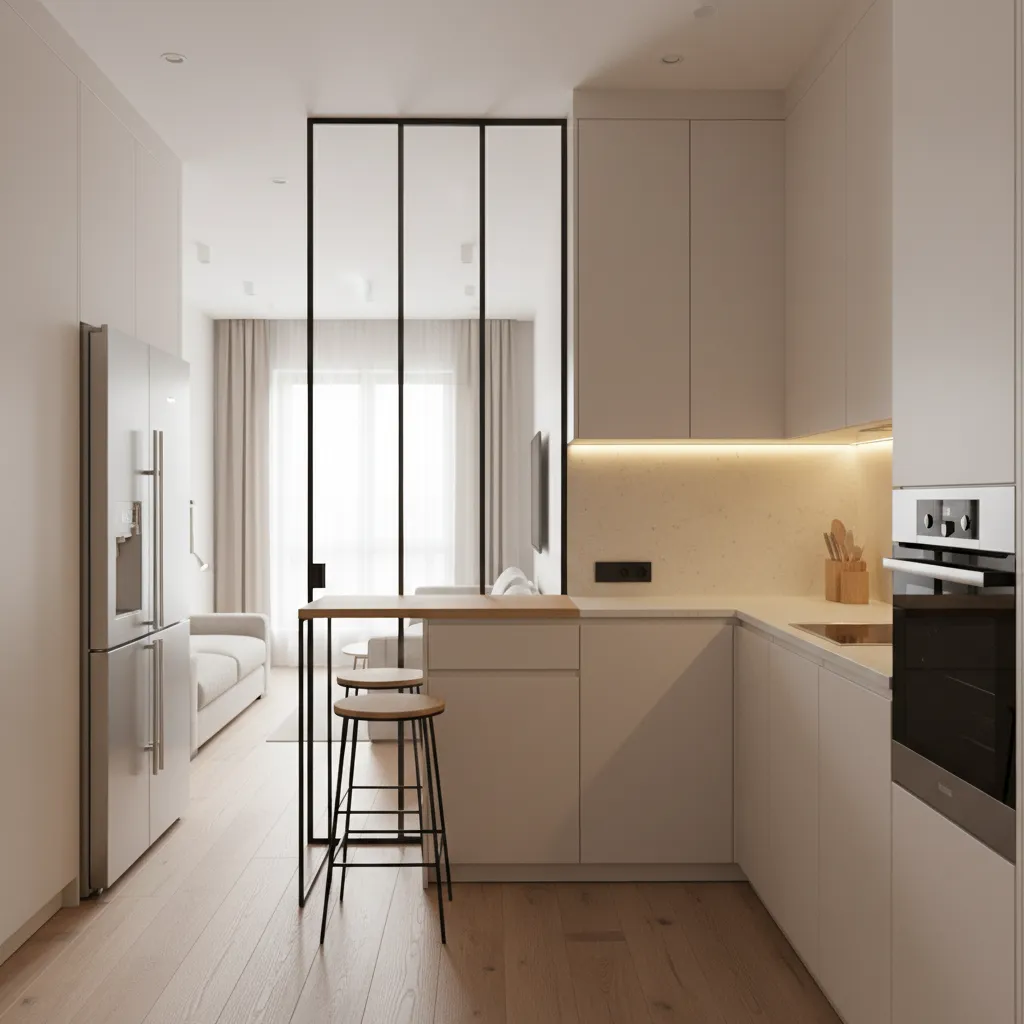 White kitchen with wood floor breakfast bar stools black glass divider and living room view