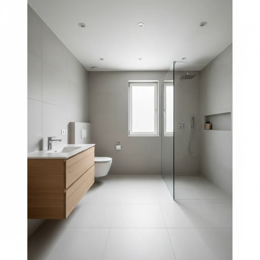 Bright clean bathroom with wood cabinet white sink toilet glass shower partition and small window light