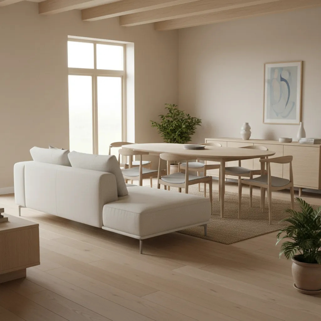 Scandinavian living-dining area with low furniture, an oval table, and a clear circulation path from entry to window