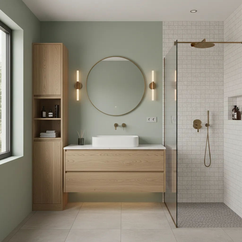 Compact bathroom with soft sage walls, sealed wood vanity, and white textured tile shower