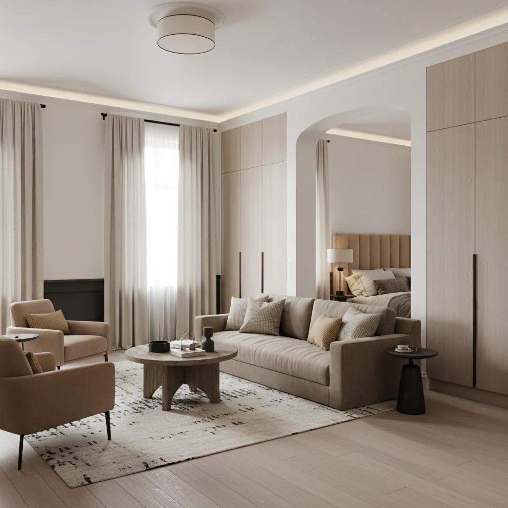 Historic interior with high-reflectance matte off-white palette and light wood accents, indirectly lit to boost brightness while keeping character.
