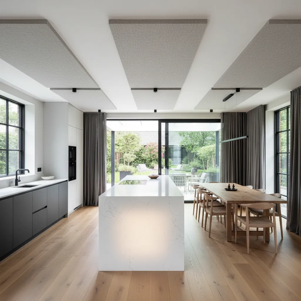 Long social wing with kitchen island flowing to dining and large sliders opening to a shaded porch and garden