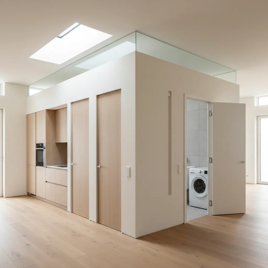 Open-plan space organized around a compact central wet core with kitchen, back-to-back bathrooms, and laundry, lit by a skylight and clerestory.