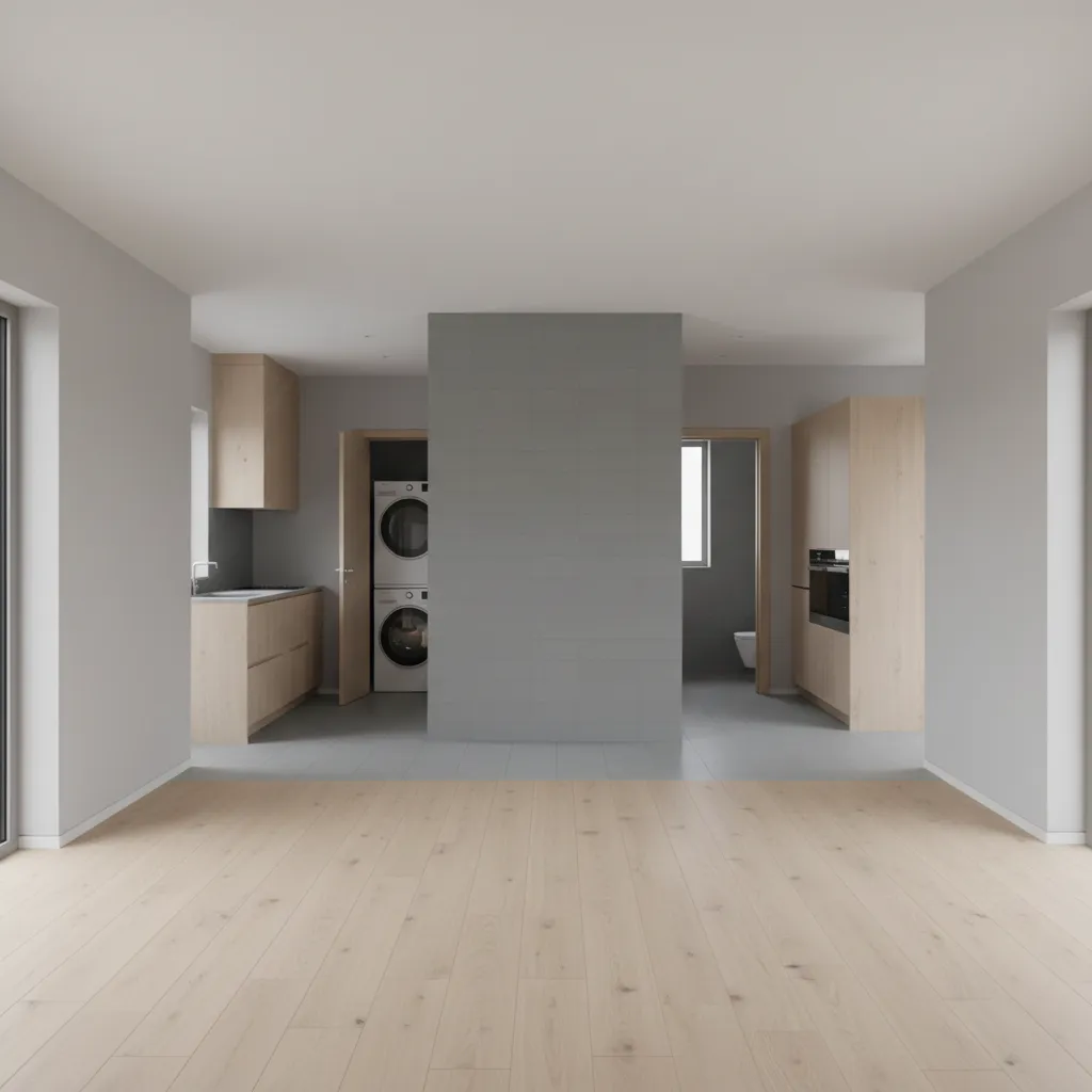 Empty room with light wood floor showing laundry machines and wood kitchen cabinets behind wall