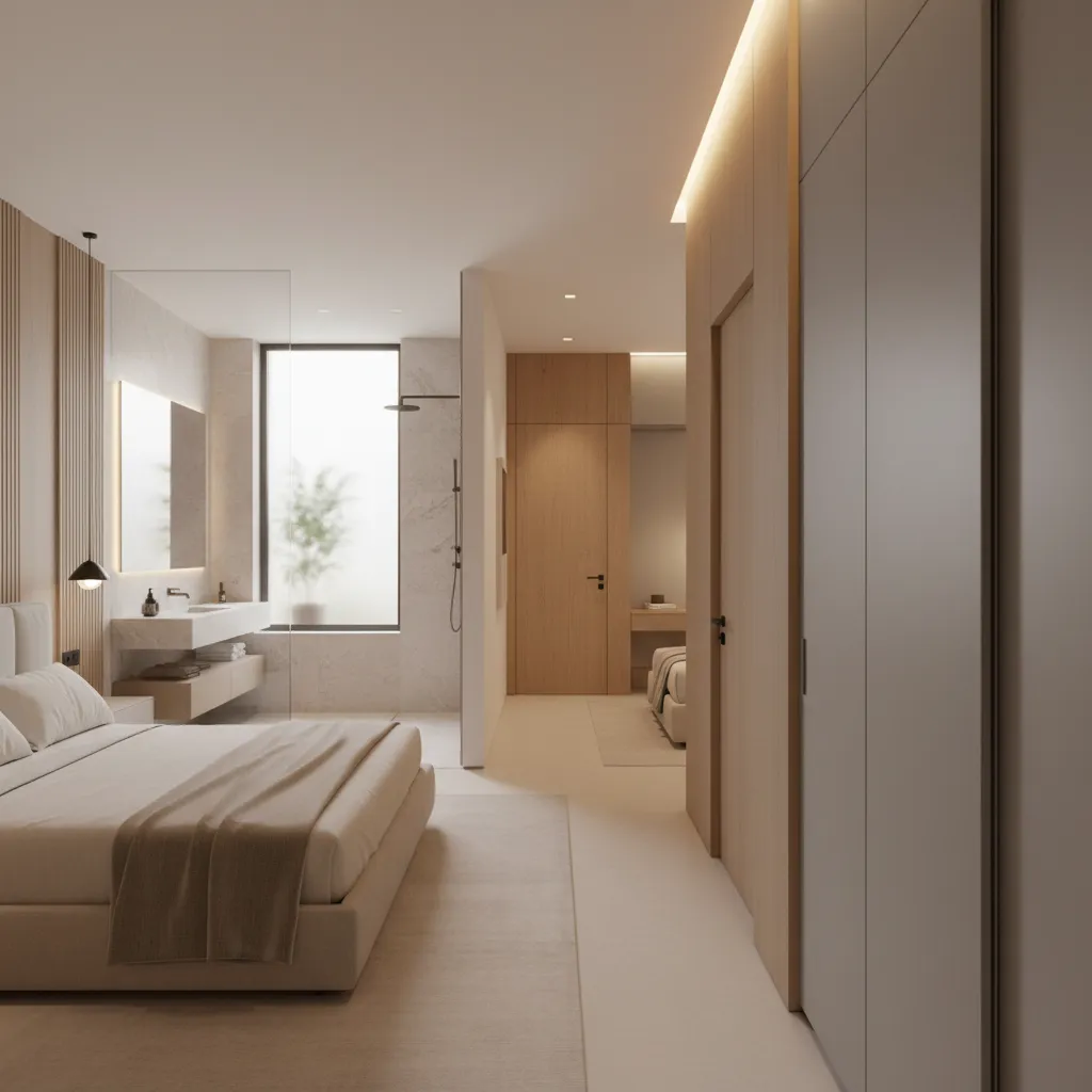 Night zone with primary suite facing a patio and two adaptable secondary bedrooms along a clean corridor