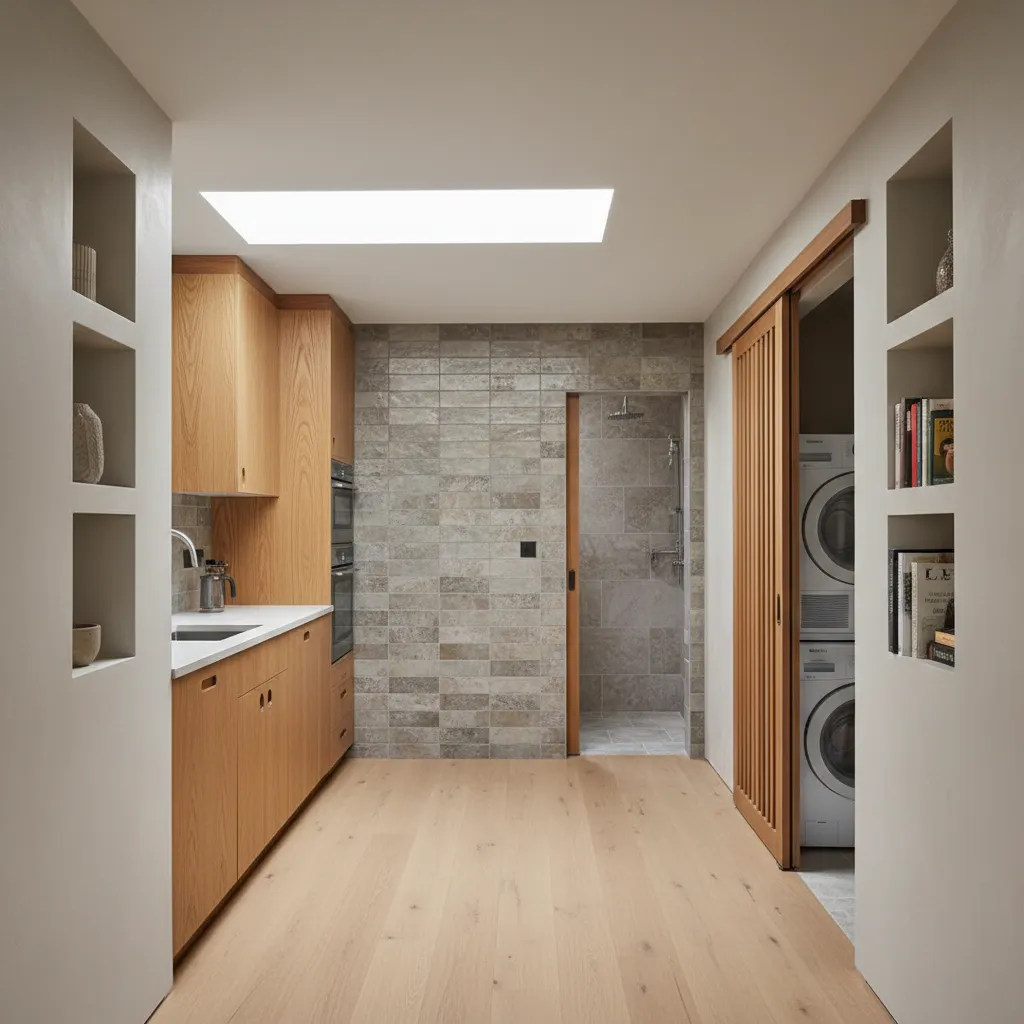 Modern kitchen hallway with wooden cabinets leading to tiled shower room and stacked laundry machines