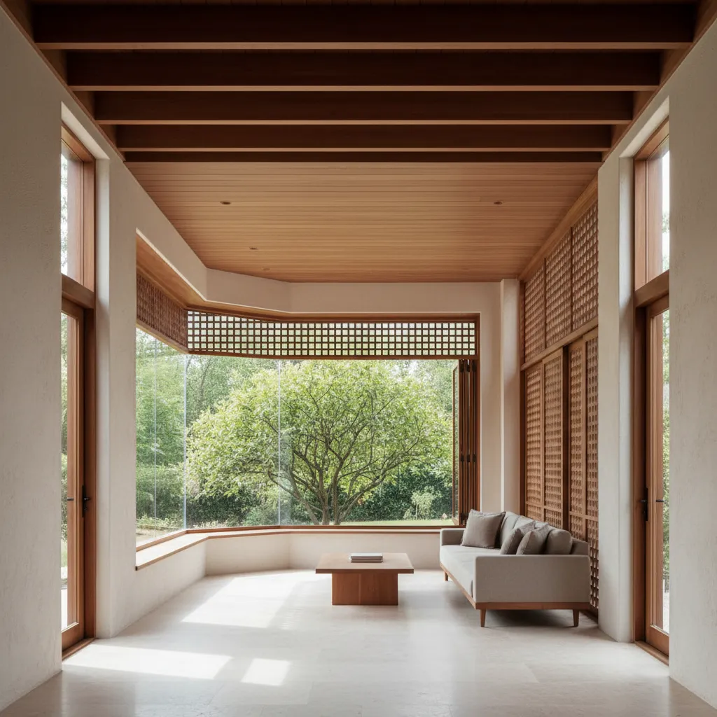 Open-plan living with shaded porch and aligned apertures providing cross-ventilation, controlled daylight and privacy