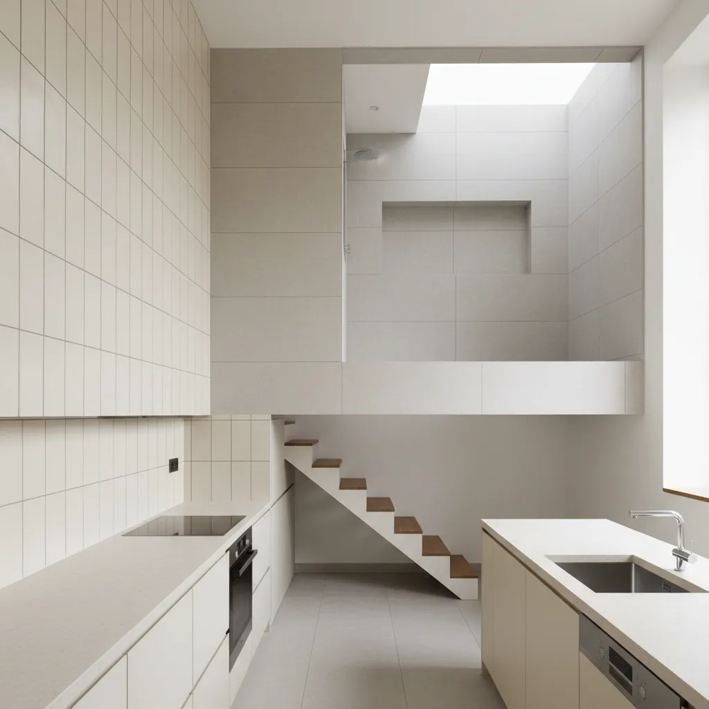 Minimalist white kitchen with tiled walls wooden stairs a small island and an open ceiling