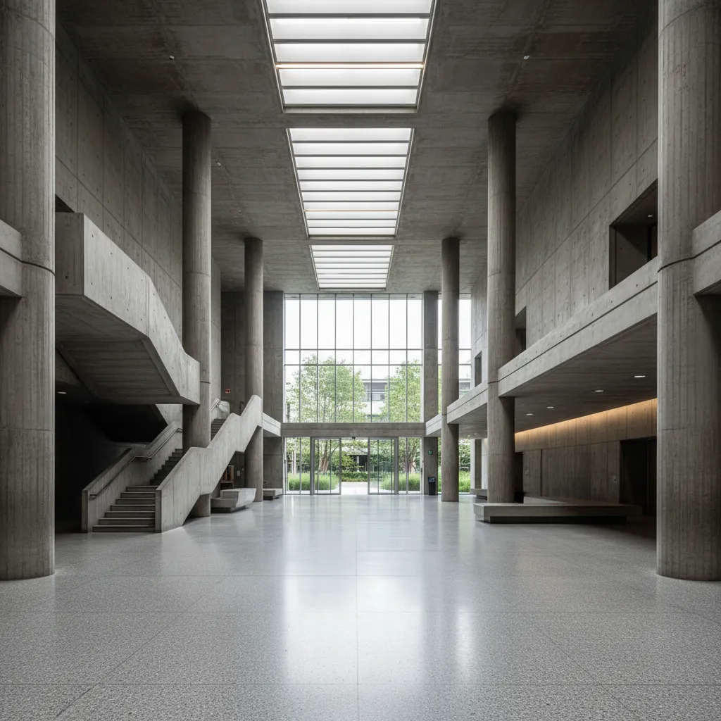 Brutalist civic lobby with exposed concrete, large spans, clear circulation, and a softened courtyard beyond.