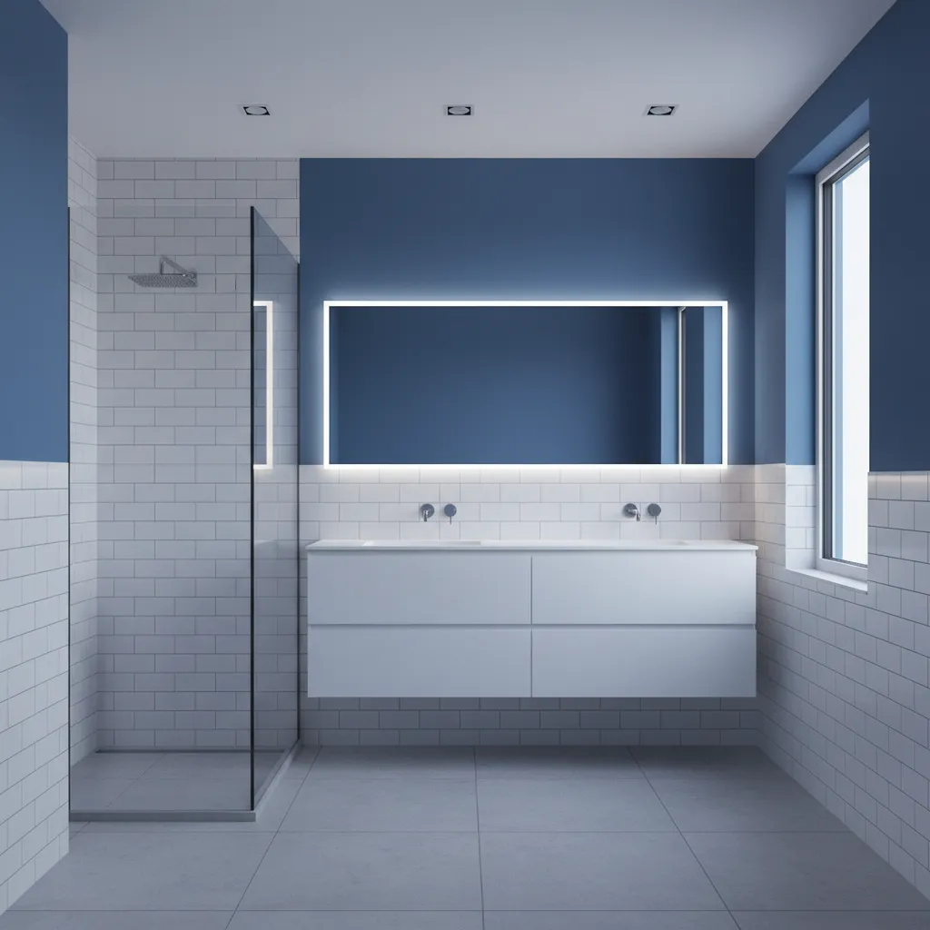 Bathroom emphasizing precise tile wainscot, blue painted upper walls, and layered adjustable lighting for balanced proportions
