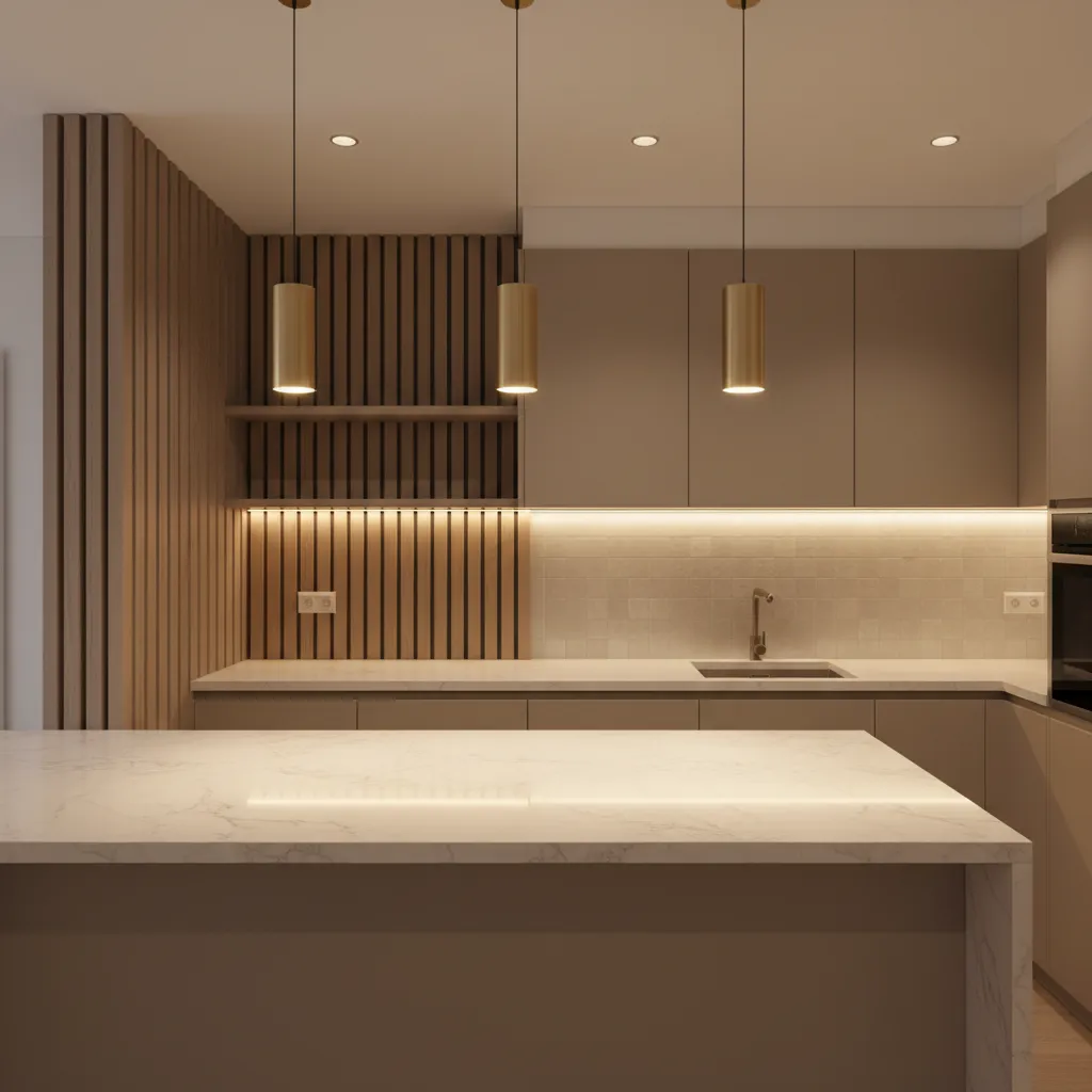 Integral kitchen with quartz or porcelain countertop, robust laminate fronts, and layered warm lighting enhancing material depth