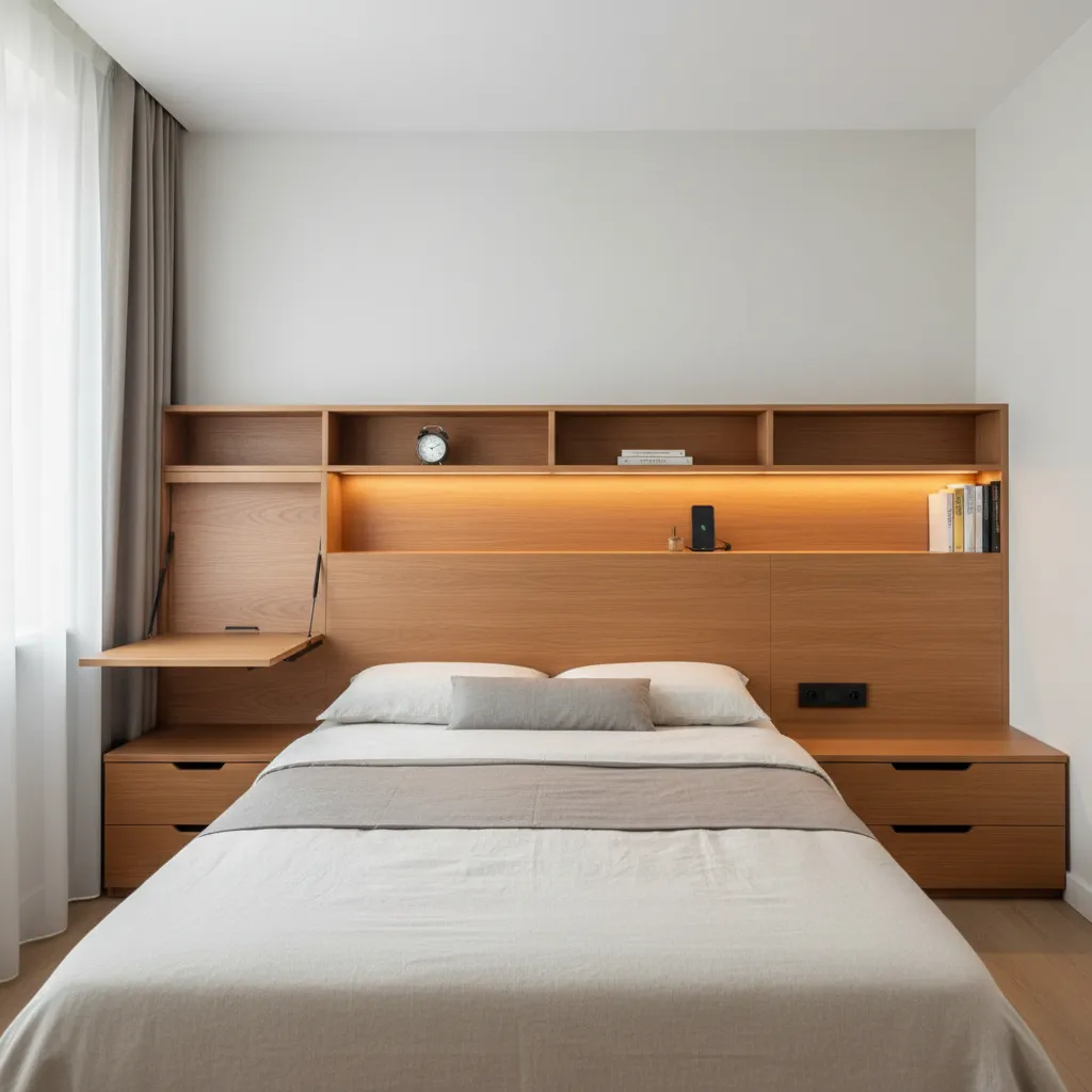 Small bedroom with headboard storage, fold-down desk, and a clear 60–70 cm circulation path