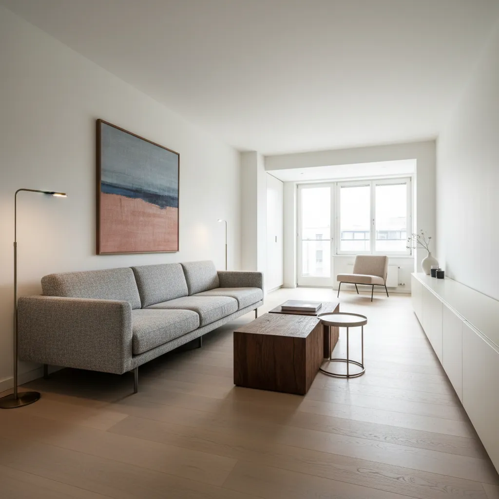 Living room with low linear furniture, clear circulation, and measured accents showing functional contemporary design