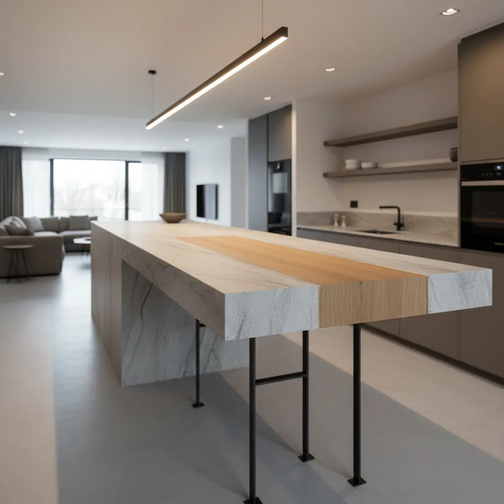 Modern kitchen island with stone and wood surface featuring a long black linear ceiling light