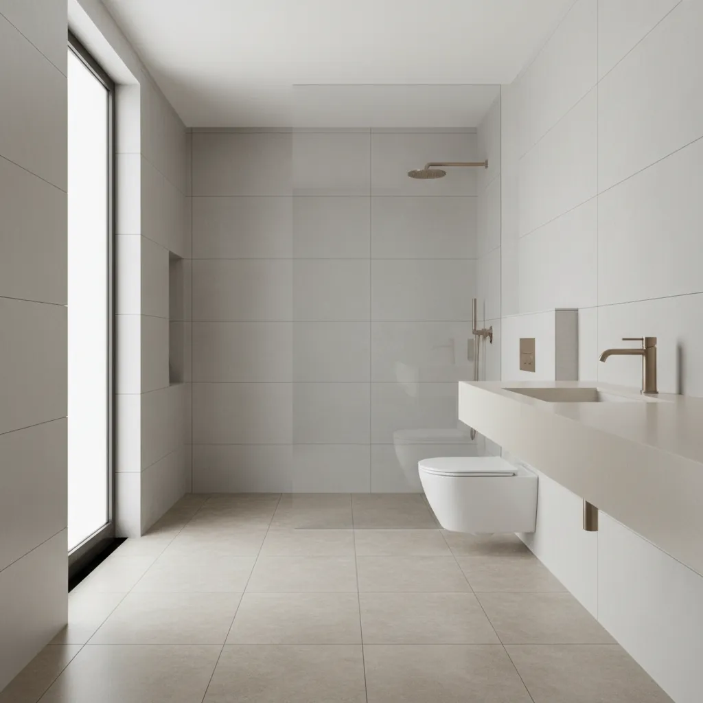 Modern minimalist bathroom with grey wall tiles, walk in shower, floating toilet, and beige sink