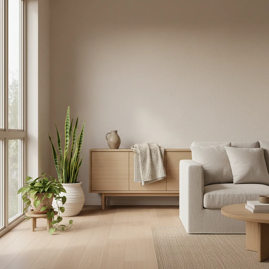 Scandinavian corner with light wood storage, two well-chosen plants, and subtle handcrafted details in a calm palette