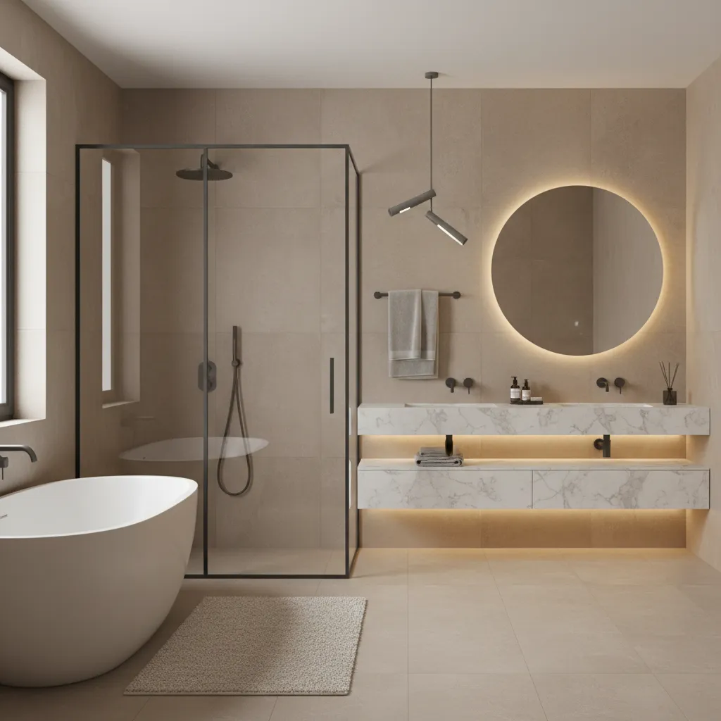 Warm grey bathroom with anthracite accents and textured surfaces for a timeless, ordered feel