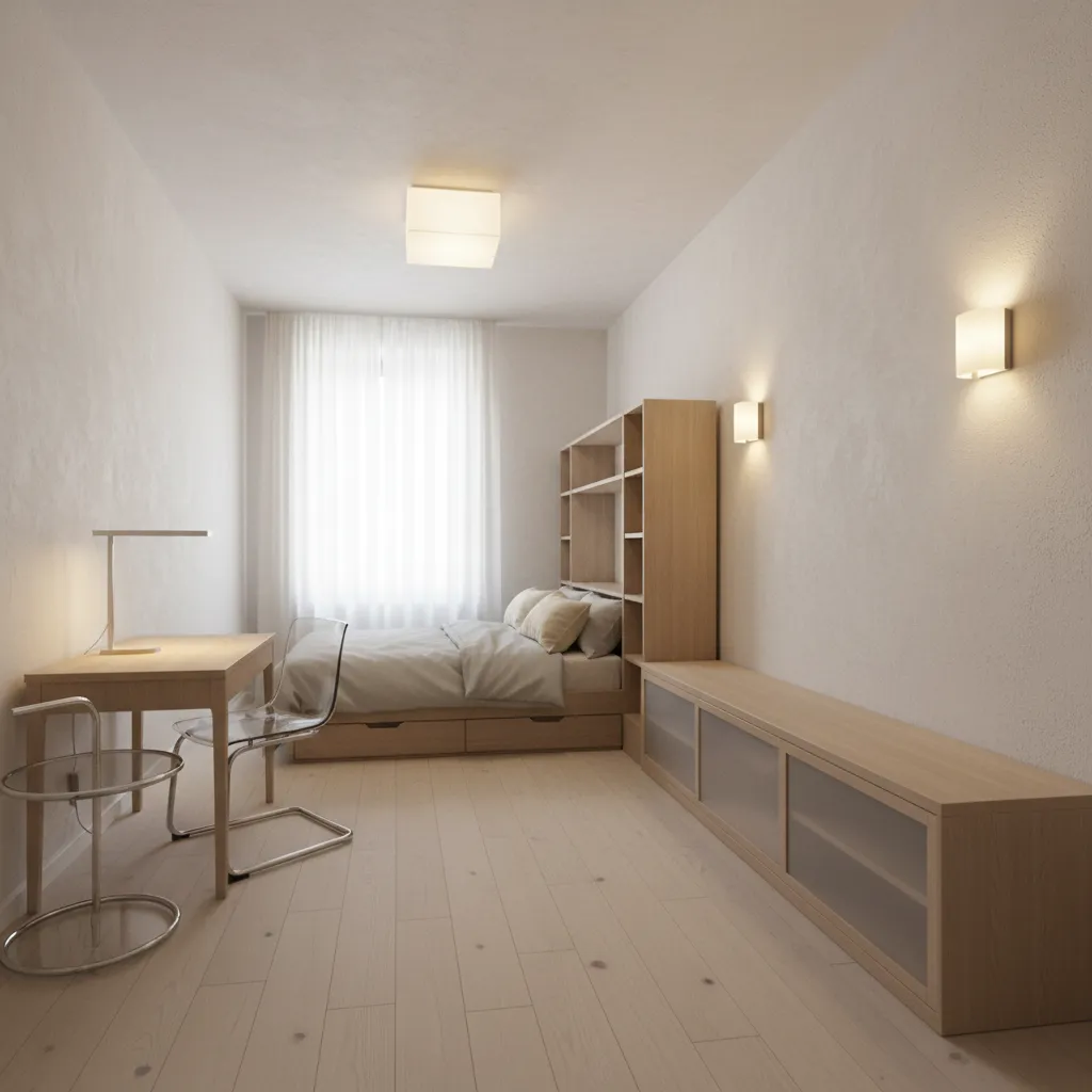 Compact studio with low-profile ambient fixture, wall washers, and a repositioned bed allowing light to travel, creating a visually taller and brighter space.