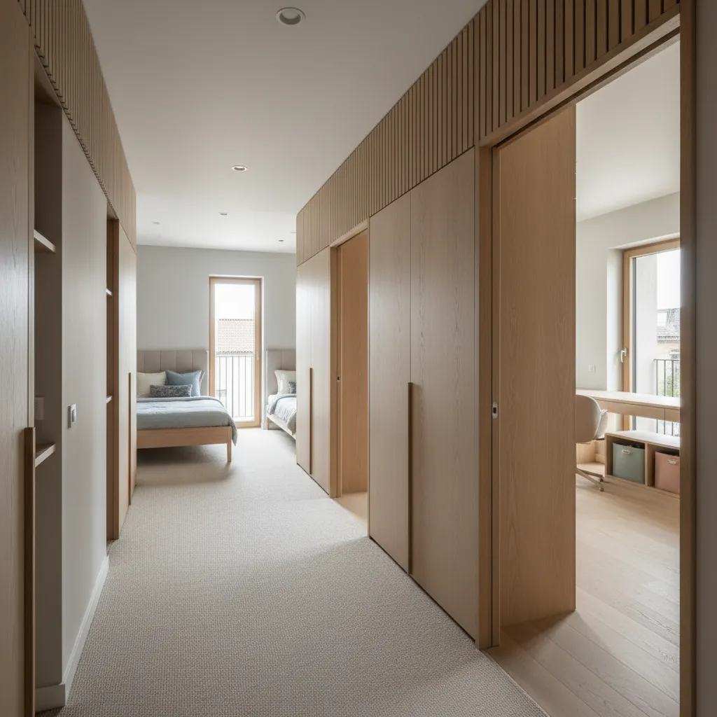 Bedroom wing with three rooms in sequence, integrated storage and flexible third room, softly lit from the patio