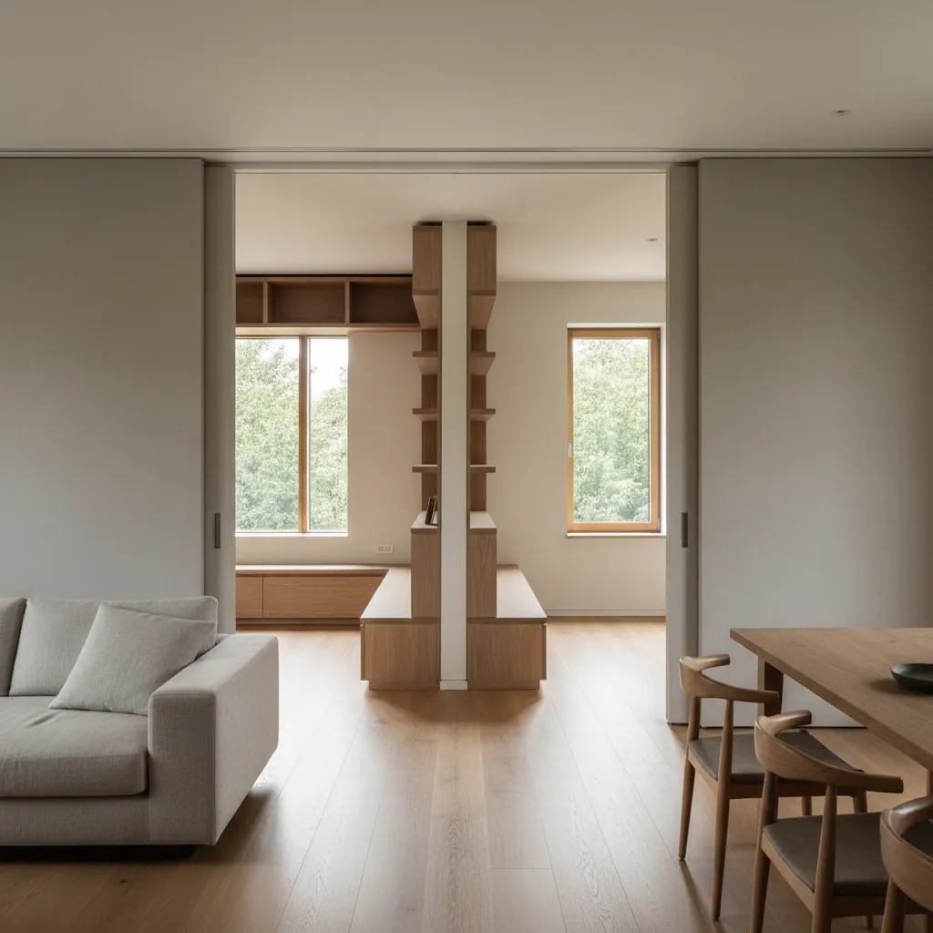 Living area connected to a flexible room via full-height acoustic sliding panels, enabling expansion or privacy with cross-ventilated openings.