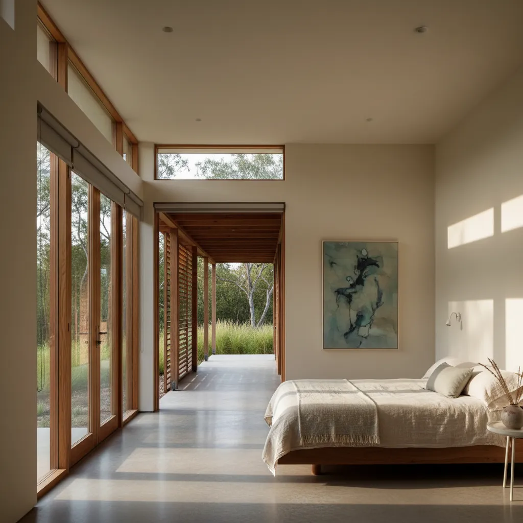 Modern bedroom with wood bed frame wall painting and glass doors opening to outdoor garden walkway