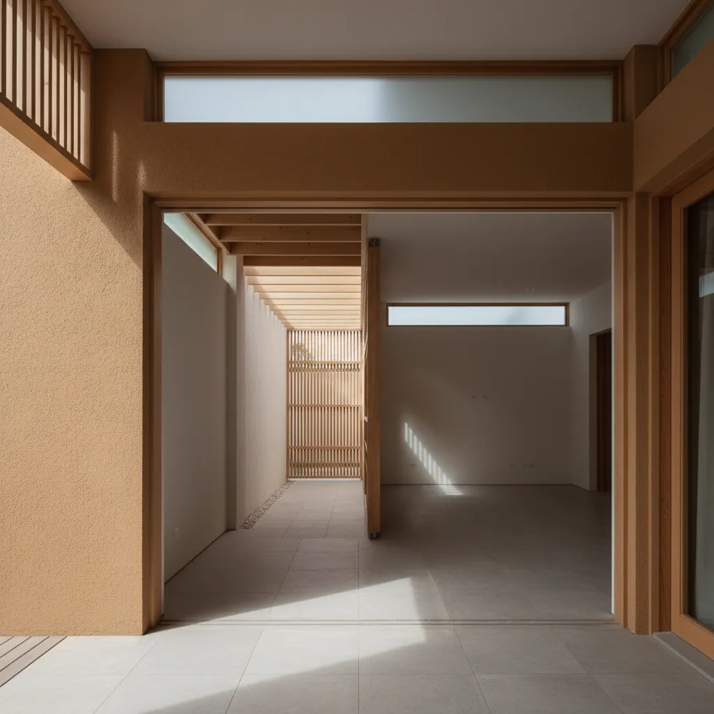 Living area connected to a shaded porch and a slim interior patio that brings light and cross-ventilation